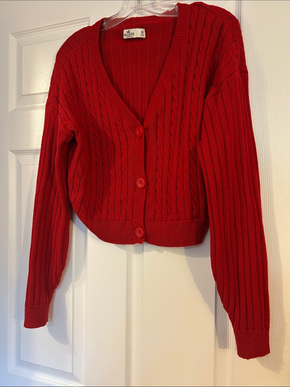 Hollister Bright Red Cable Knit V‑Neck Button Cropped Cardigan